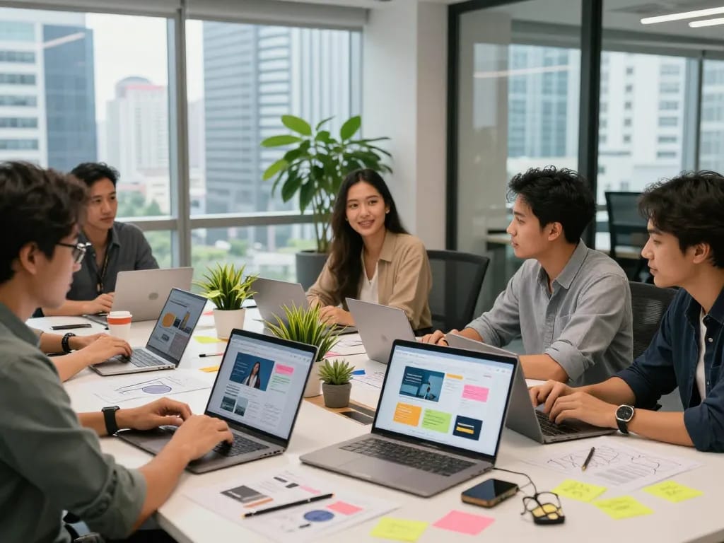 Creative team of web designers in Malaysia collaborating on a project