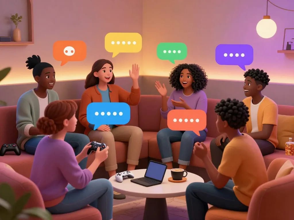 Engaging spicy chat scene with diverse avatars enjoying lively conversations in a virtual lounge.