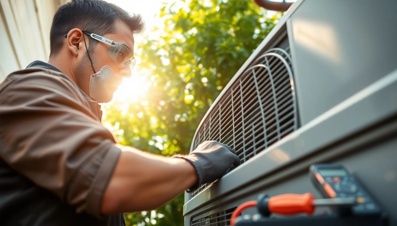 Expert performing air conditioning repair Canada service outdoors with tools in hand.