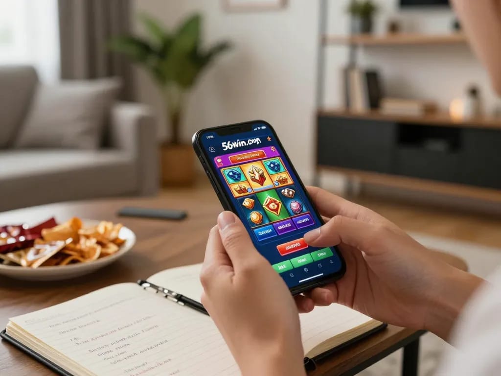 Engaging moment of playing on 56win.com app with smartphone in hand, showcasing vibrant game interface