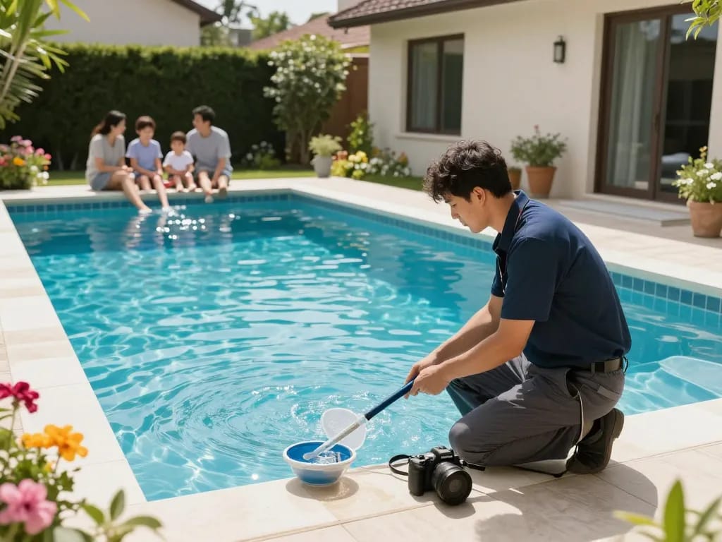 Dolphin Pool Services technician inspecting a sparkling residential pool, showcasing professional care and quality service.