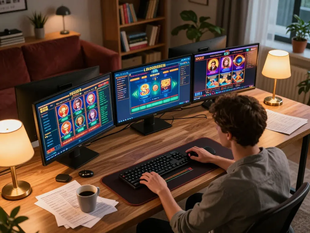 Player engaging in online casino games at home, highlighting 678vip's exciting offerings and responsible gaming.