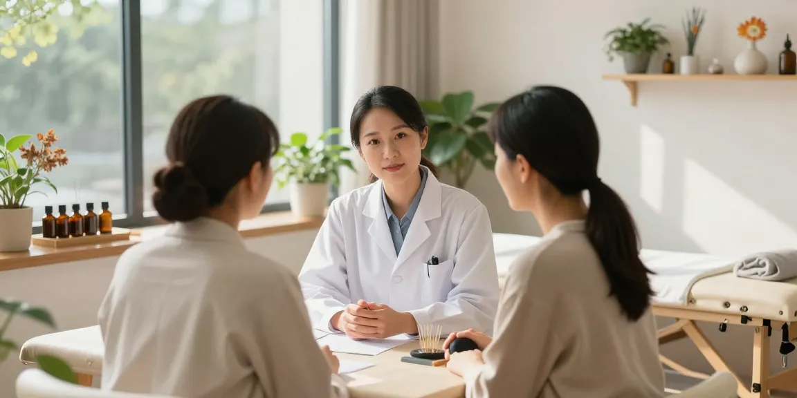 Consultation at 수원한의원 with patient in a calming wellness clinic.