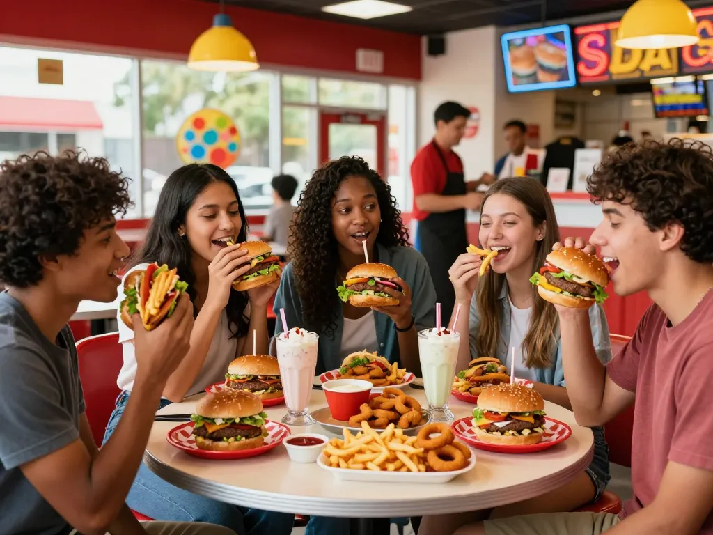 Friends enjoying a diverse fast food menu in a lively restaurant atmosphere.