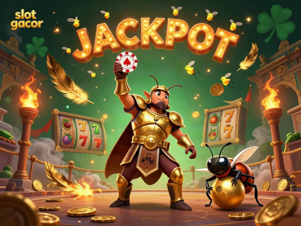 Slot gacor: Kumbang Hercules mengenakan baju zirah emas mengangkat chip poker sebagai simbol kemenangan, dikelilingi oleh elemen kasino.