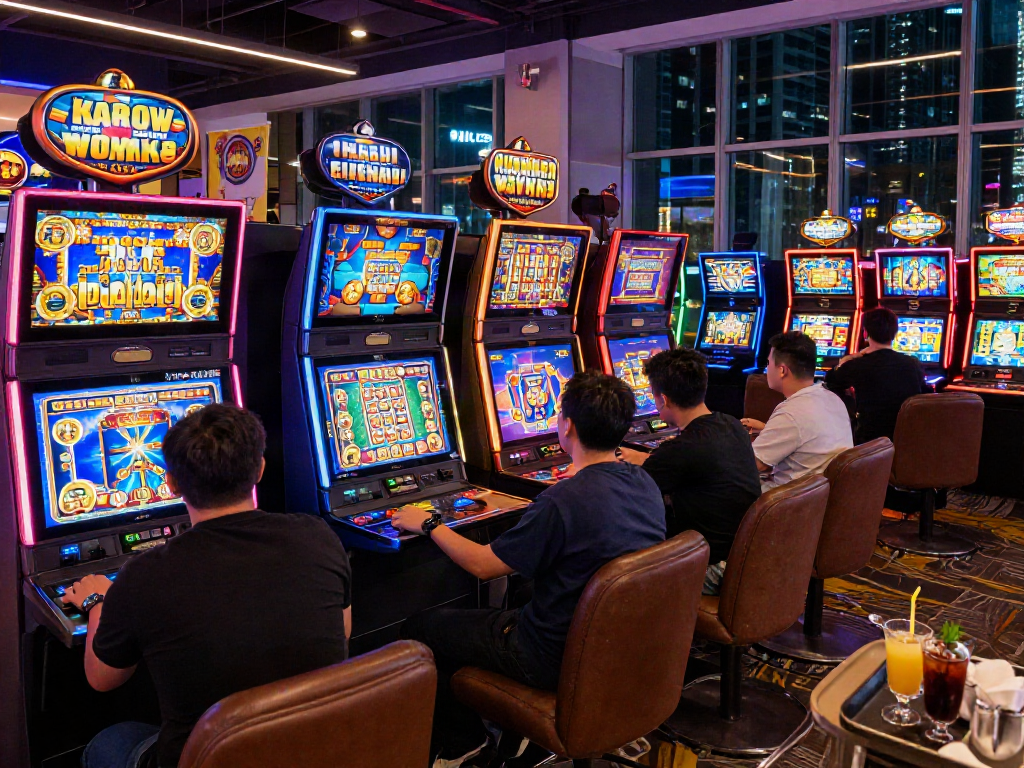 Kamboja slot gaming experience in a vibrant casino with diverse players enjoying colorful machines and exciting atmosphere.