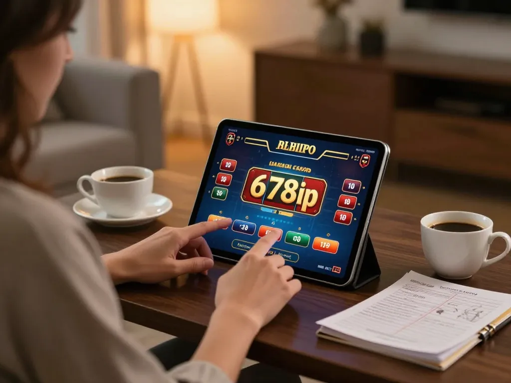 Player enjoying immersive gaming experience with 678vip casino app at home, showcasing strategic focus and comfort.
