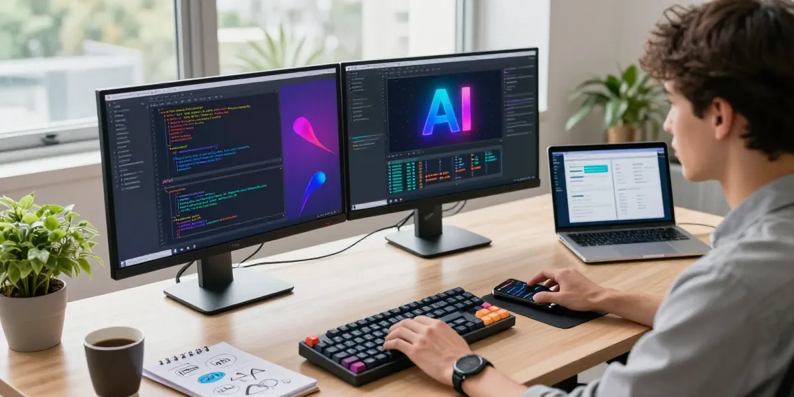 Developer utilizing juicy ai in a vibrant, tech-focused workspace with dual monitors and innovative coding elements.