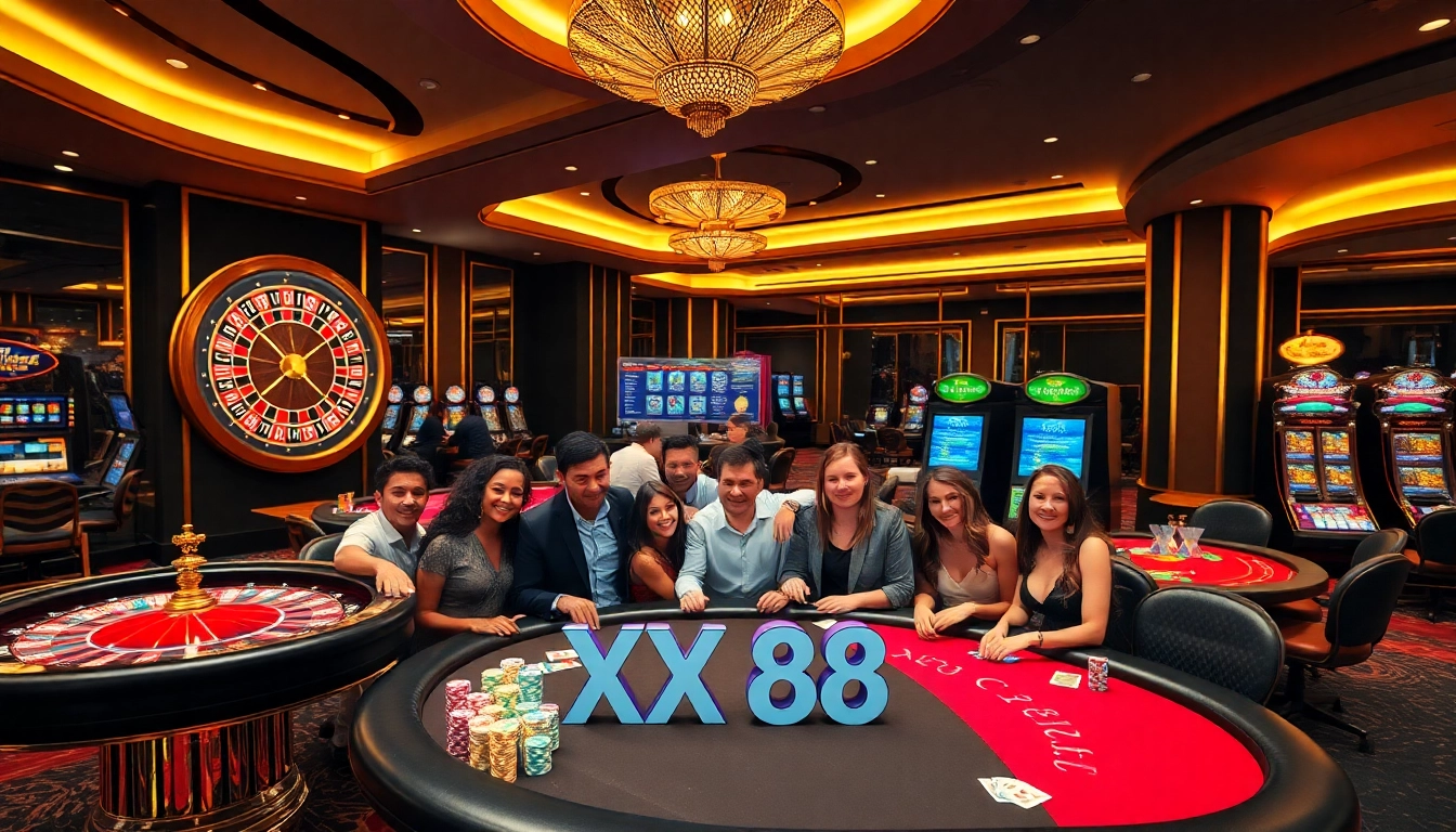 Players enjoying games at XX 88, a vibrant casino atmosphere with roulette and poker tables.