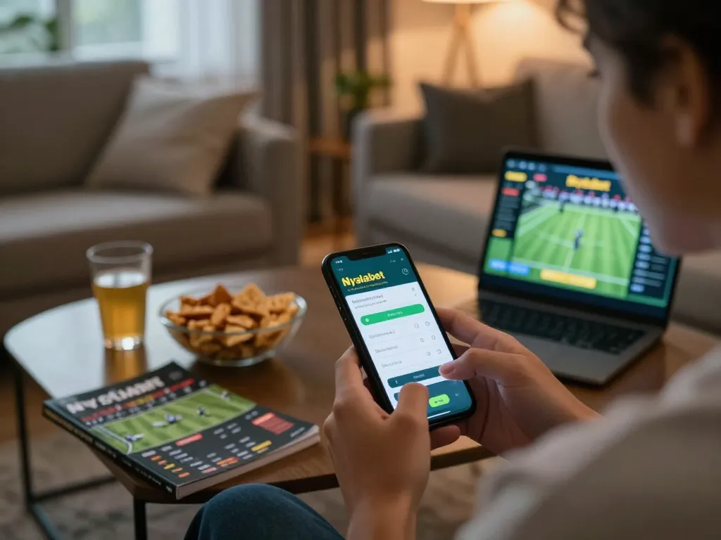 Nyalabet user placing sports bets on smartphone during a cozy home evening, highlighting strategic betting experience.
