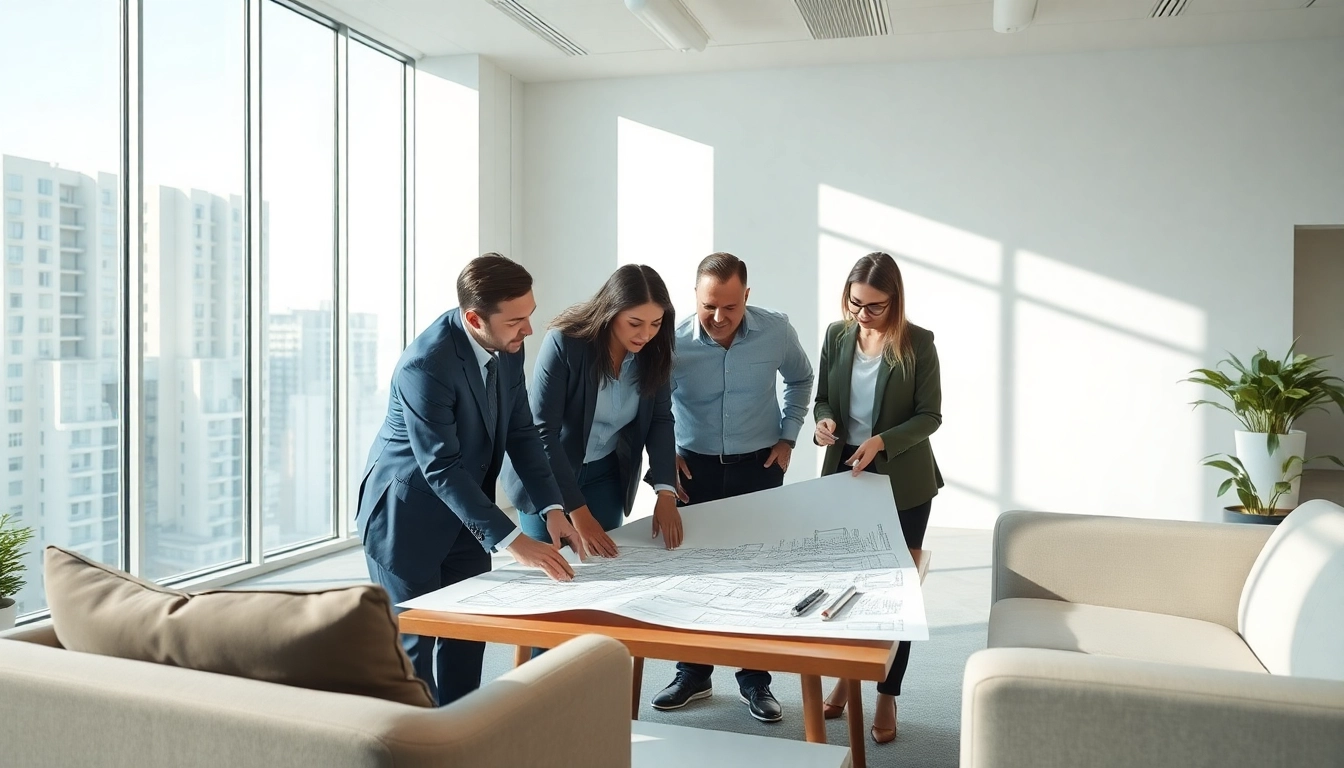 Visualizing Real Estate Development through a collaborative planning session filled with architects and blueprints.