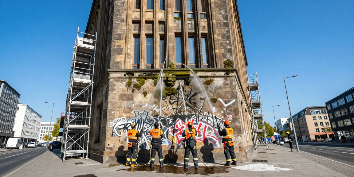 Fassadenreinigung Dortmund beim professionellen Reinigen eines historischen Gebäudes im Stadtzentrum.