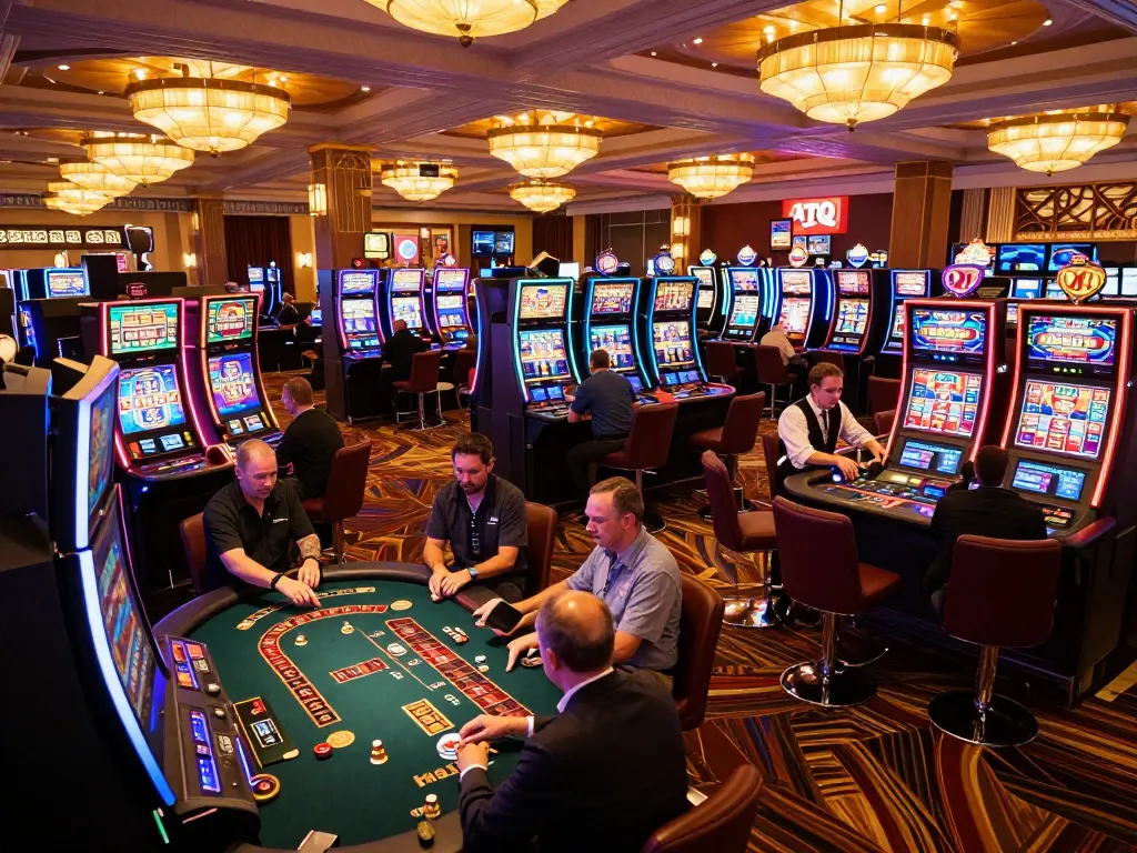 ATQ casino floor bustling with players at slot machines and gaming tables immersed in the action.