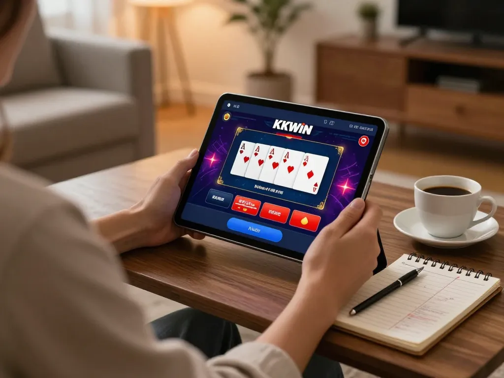 Person playing KKWIN online casino app for poker in a cozy home setting