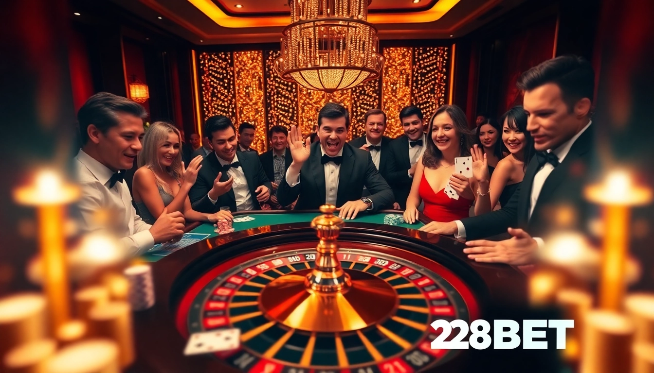 Experience the excitement of gaming at 28BET with a vibrant casino scene showcasing poker chips and roulette.