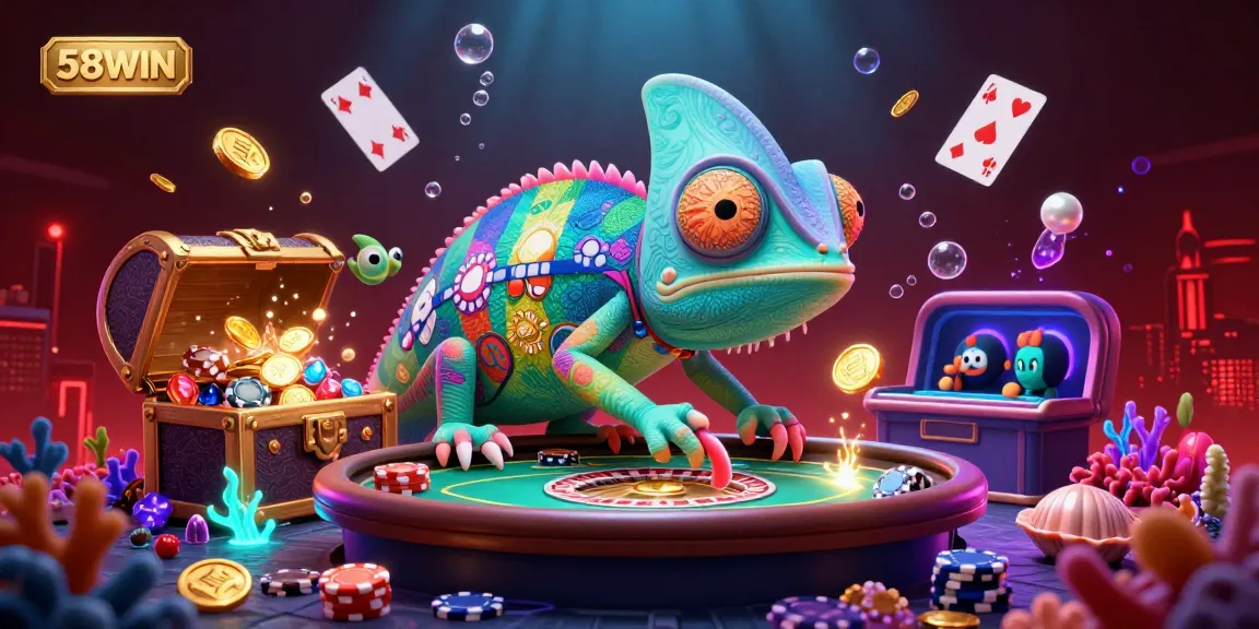 Experience thrilling gameplay at 58WIN with colorful casino elements and dynamic scenes in this vibrant illustration.