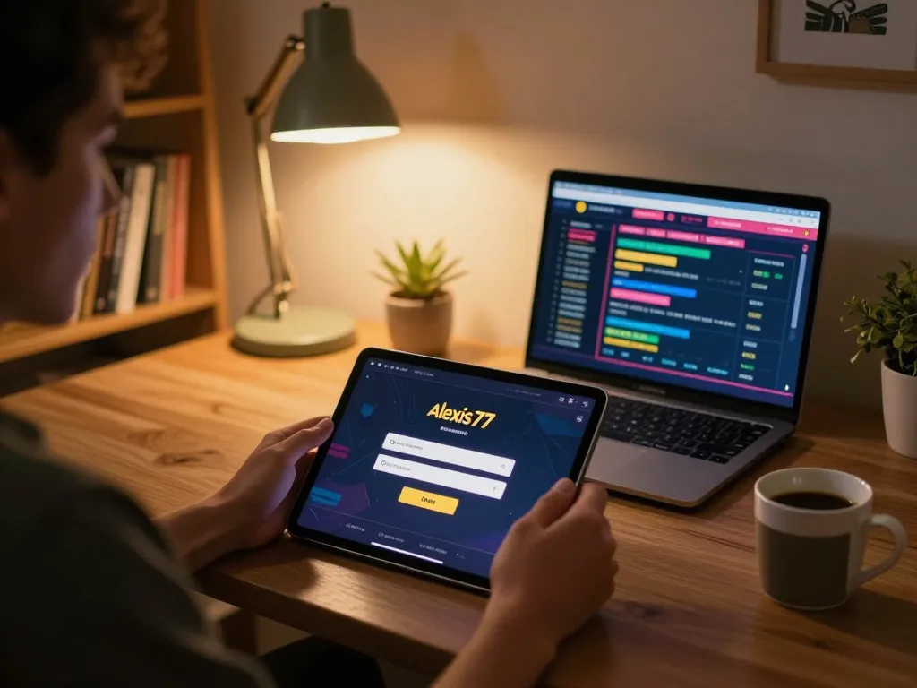 Engaging with alexis77 login on a tablet at home, demonstrating online gambling strategies and comfort.