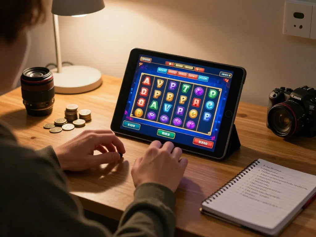 Engaging gameplay on a situs slot on tablet in a cozy home setting reflects modern online gambling.