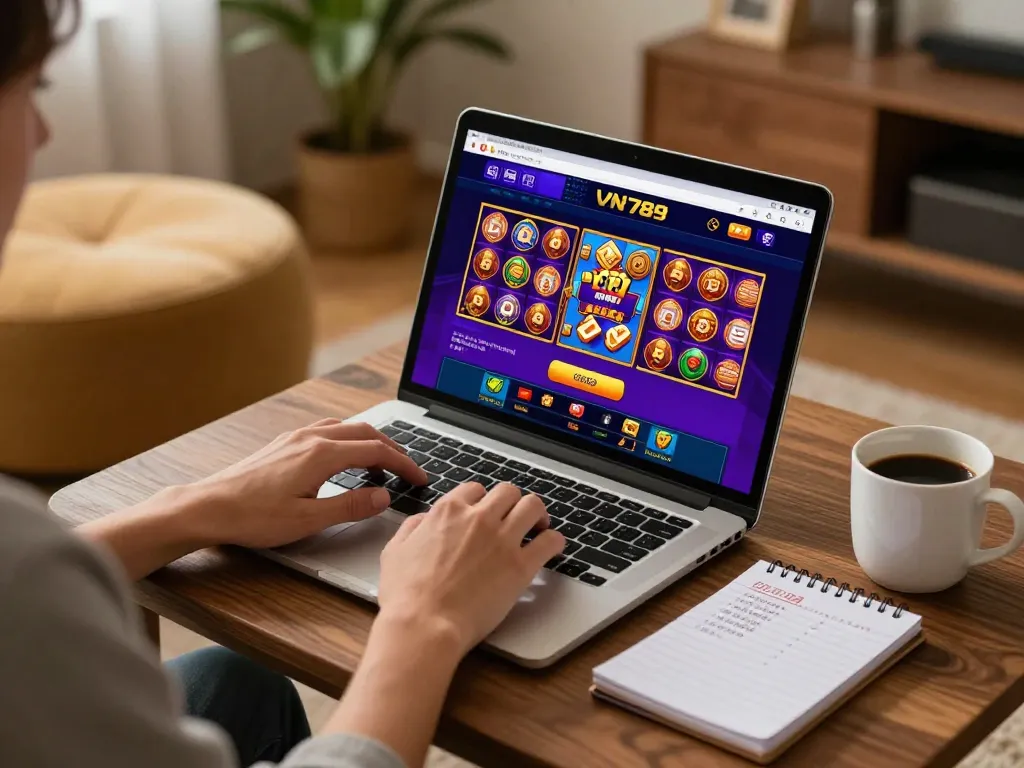 Engaging in online gambling at https://vn789.xyz/, a user analyzes gaming strategies on laptop.