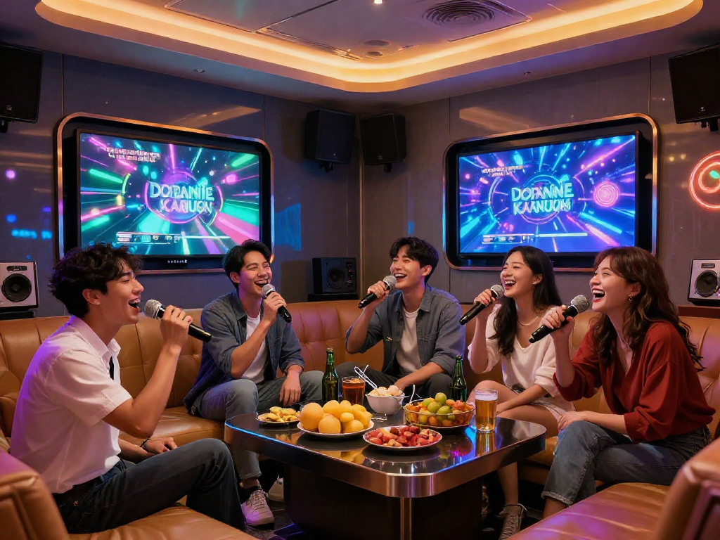 도파민 가라오케에서 친구들이 즐겁게 노래하며 분위기 있는 룸에서 음료와 안주를 즐기는 모습