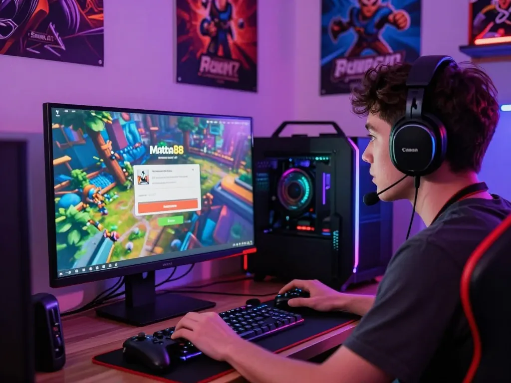 Engaging gameplay atmosphere with mantra88 login screen and gaming gear.