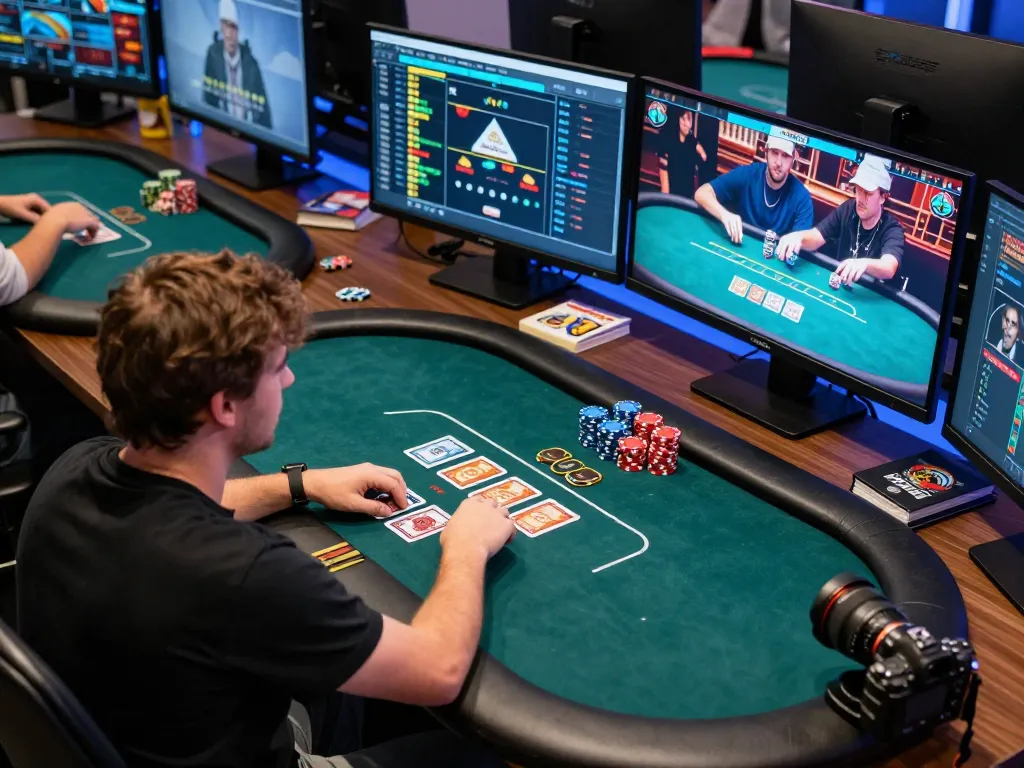 Engaged player navigating https://twin68.world/ on multiple screens showcasing poker strategy and online gaming