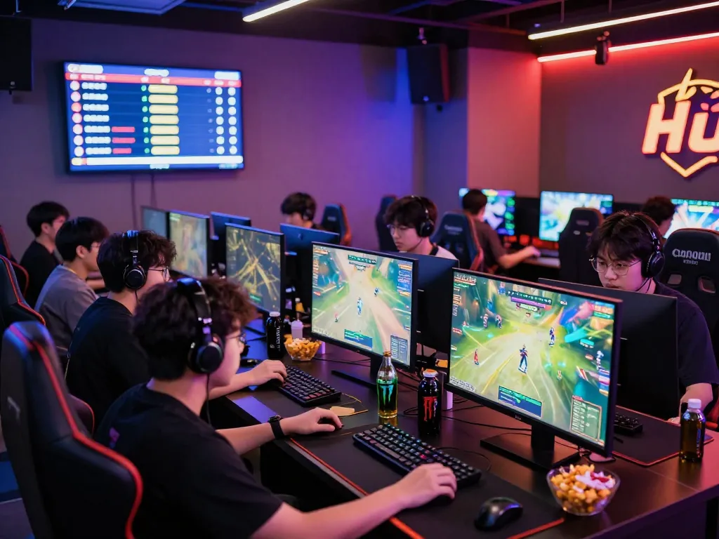 Dynamic esports lounge featuring players engaged in nổ hũ hubet88 gameplay with vibrant lighting.