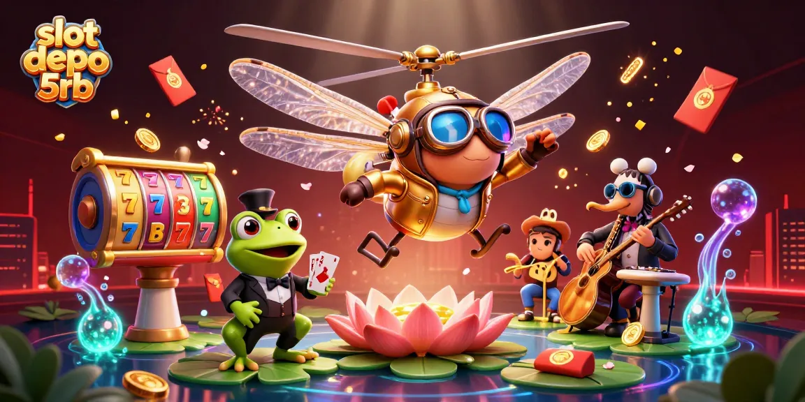 Experience vibrant slot depo 5rb action with a whimsical dragonfly pilot and a frog dealer in this animated scene.