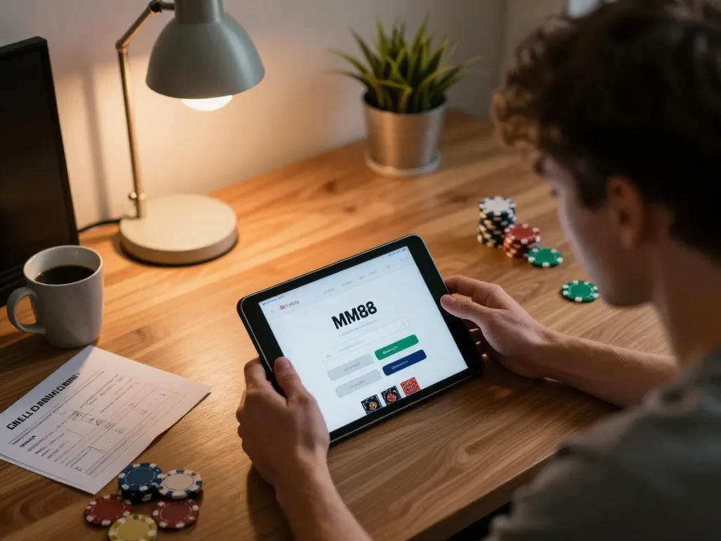 Engaging online poker gameplay with the link mm88 prominently displayed on the tablet.