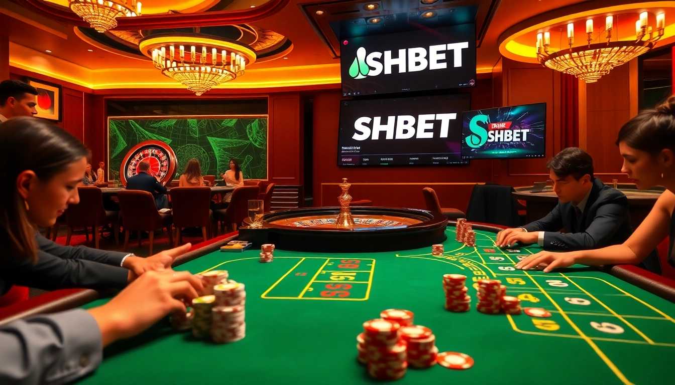 Experience the thrill of SHBET with players at a luxurious casino table, surrounded by poker chips and a roulette wheel.