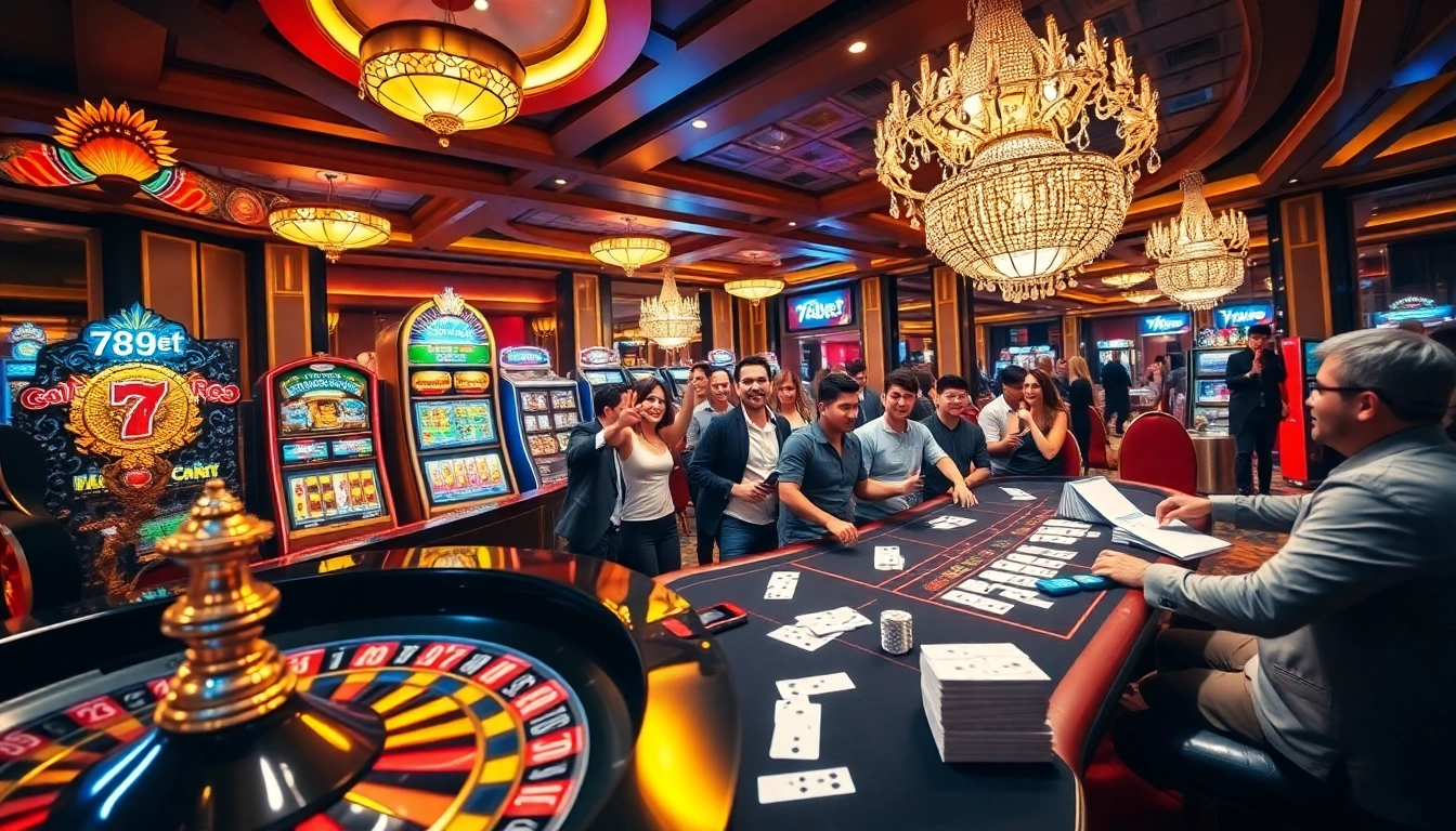 Exciting casino scene at trang chủ 789bet with players at roulette and slot machines.