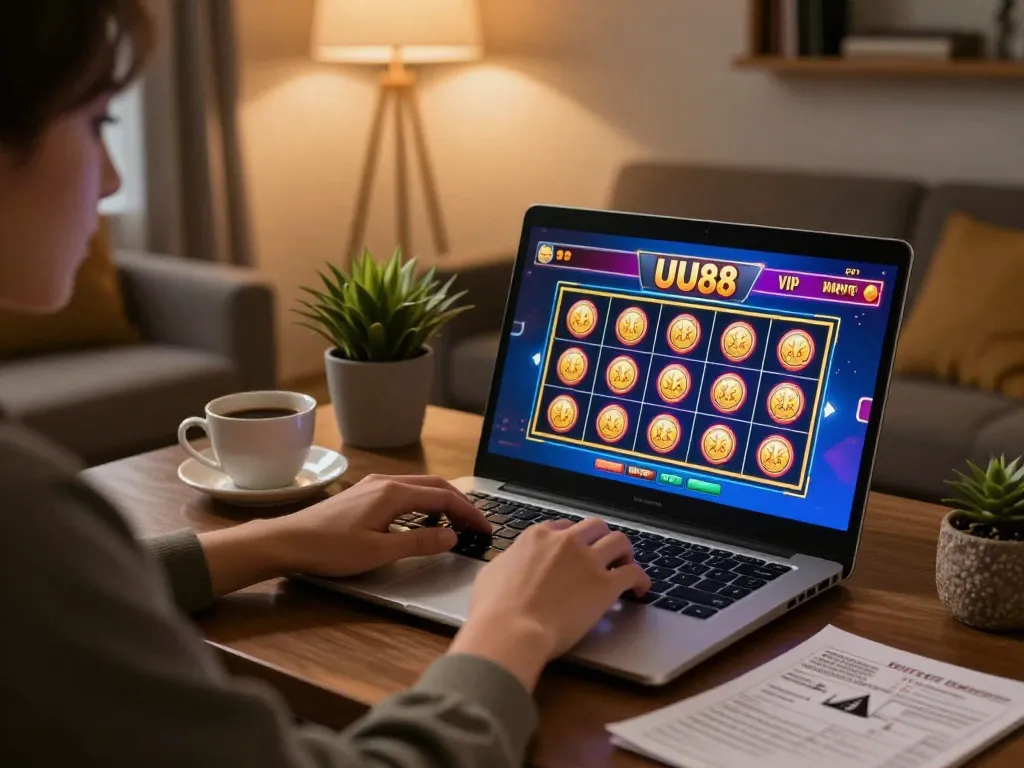Engaging in UU88 VIP online gaming with vibrant slot interface on laptop, cozy home environment.