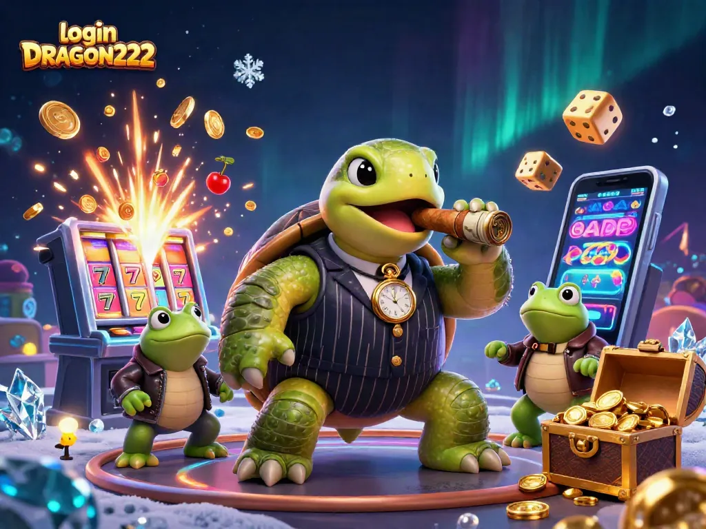 Join the excitement at login DRAGON222 with a colorful casino jackpot scene featuring playful characters.