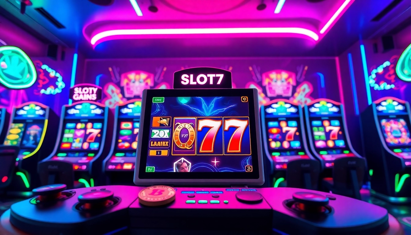 Main interface Slot77 dalam ruang permainan futuristik penuh warna dan energi.