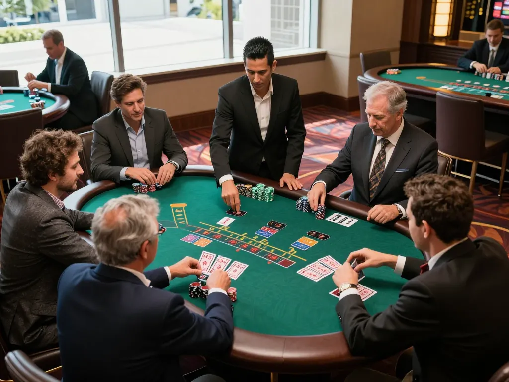 Players engaging in a thrilling blackjack game at a high-end casino, showcasing strategic betting actions.