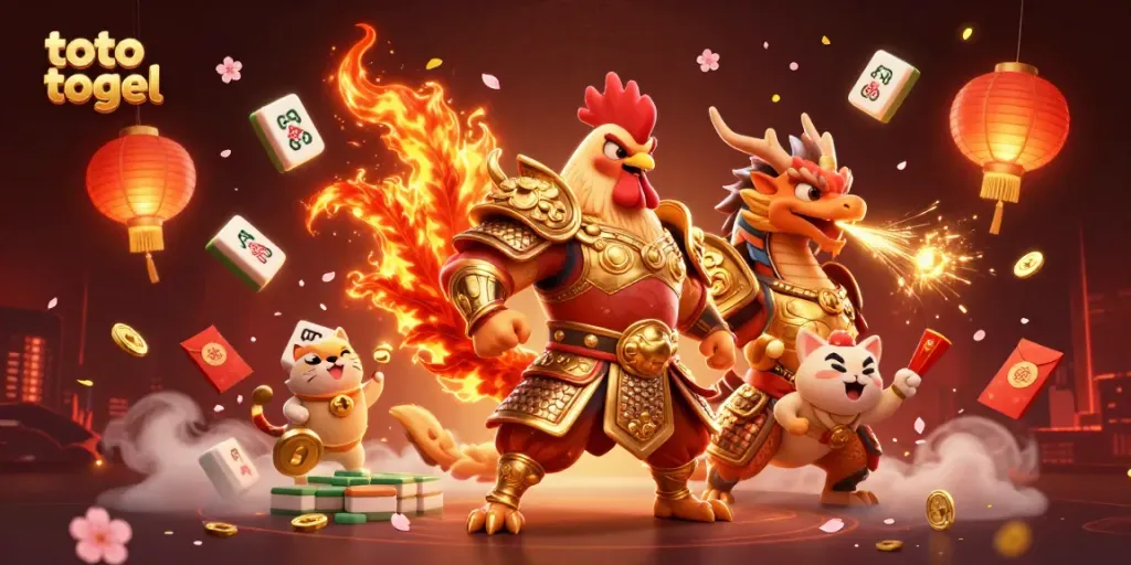 Menangkan permainan toto togel dengan ilustrasi ayam petarung dan naga yang kuat.