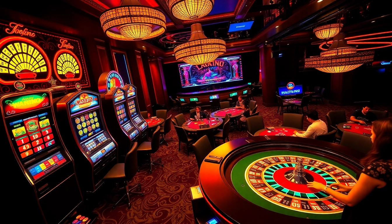 Adegan kasino yang menarik menampilkan mesin slot dan meja poker, memanfaatkan tema jmacdonaldphoto.com untuk permainan taruhan tinggi.