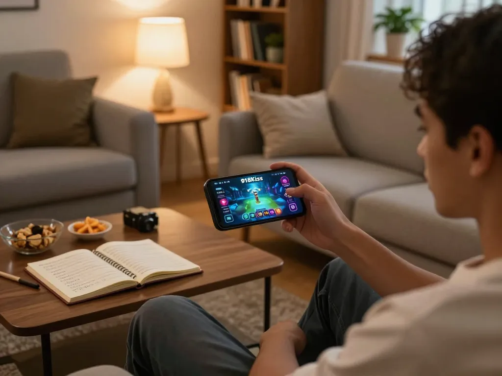 Engaging mobile gaming session featuring 918Kiss app at https://kiss918-ori.app on a smartphone amidst a cozy home setting.