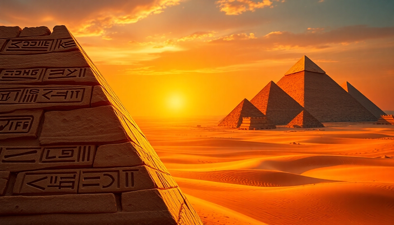 View Egyptian pyramids against a sunset sky with detailed hieroglyphs on https://piraminds.com/