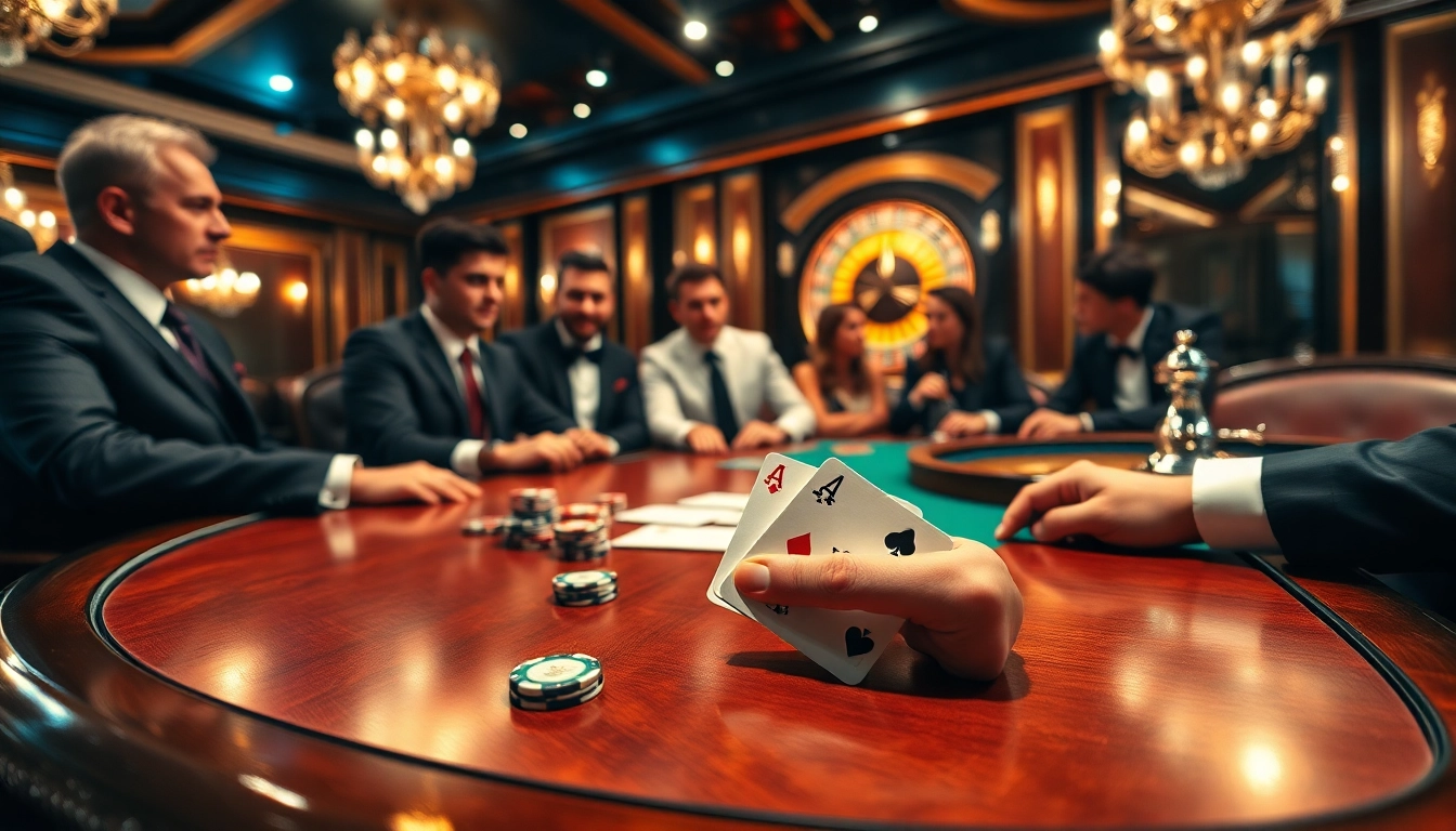 Pemain terlibat dalam kegembiraan poker di meja kasino kelas atas dengan chip dan kartu.