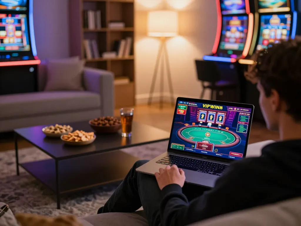 Engaging with vipwin online casino on laptop in a cozy living room atmosphere