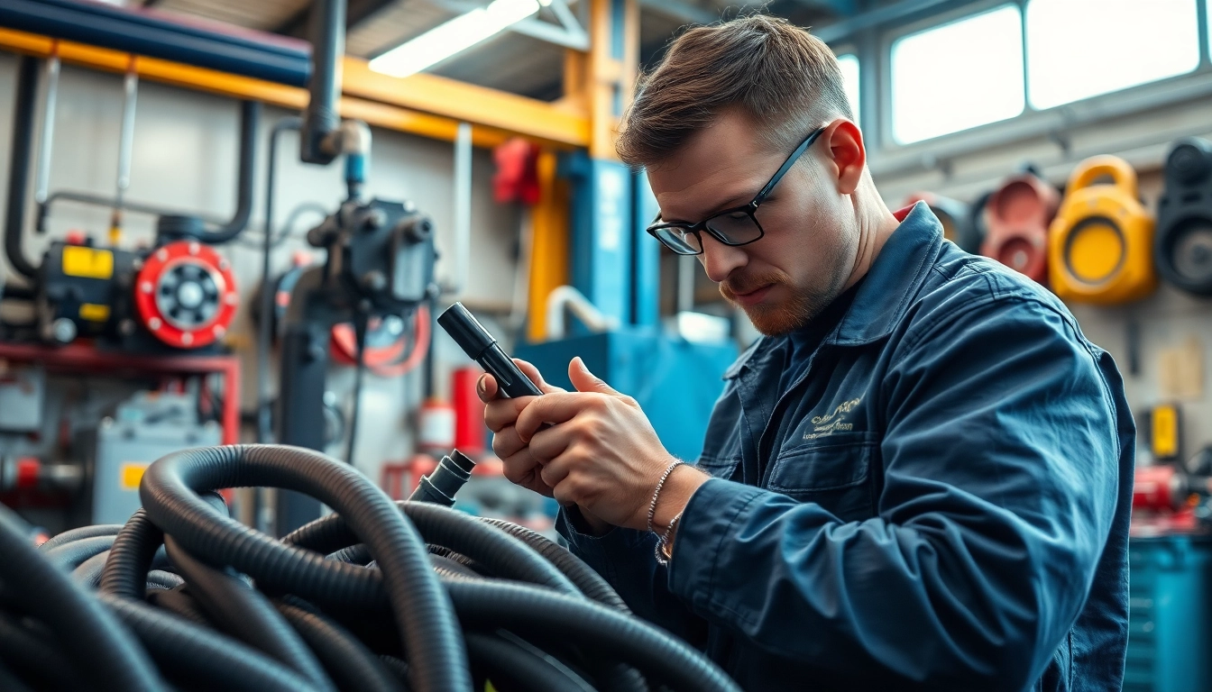 Technician performing mobile hydraulic services by repairing hydraulic hoses on-site.