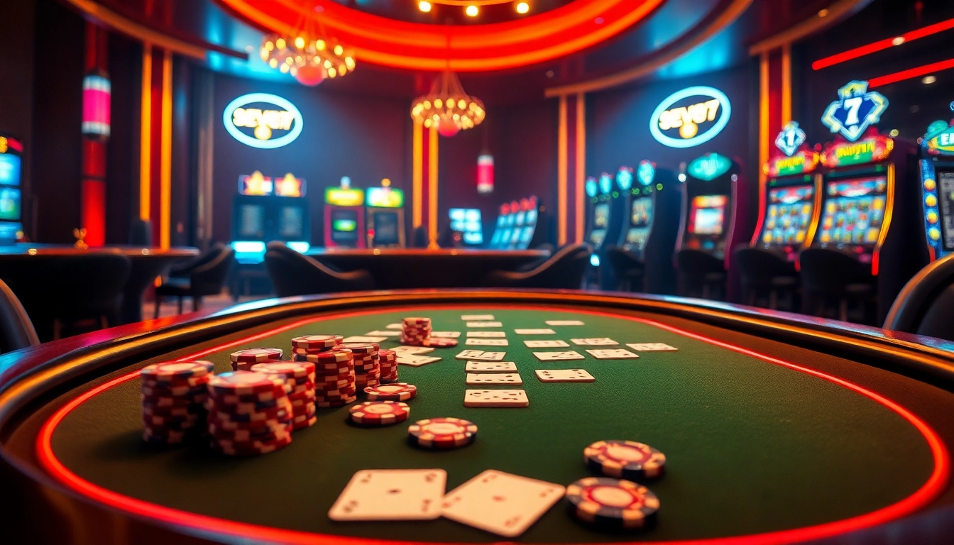 Enjoy the thrill of winning with seven77 at an elegant casino poker table filled with vibrant chips and cards.