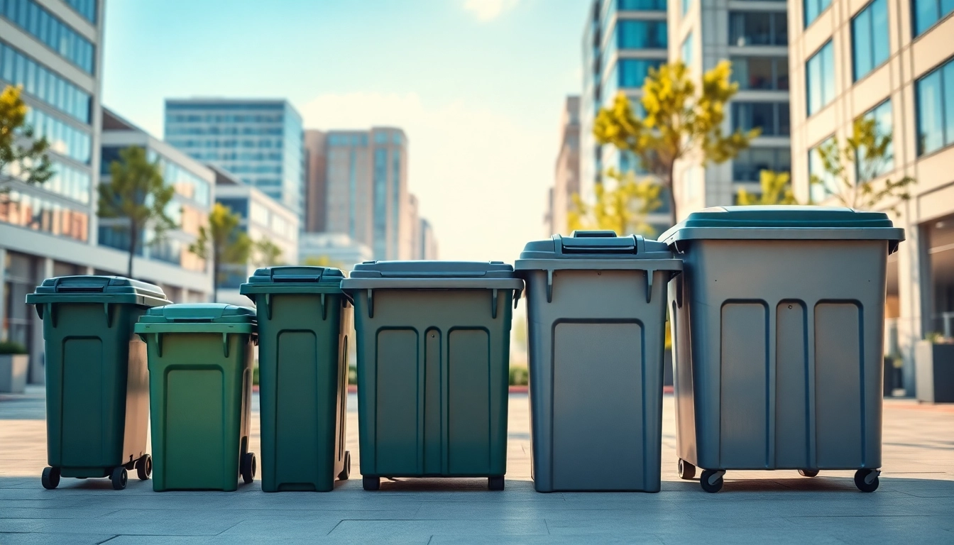 Showcasing various garbage rental bins in a clean urban setting, highlighting efficiency and size diversity.