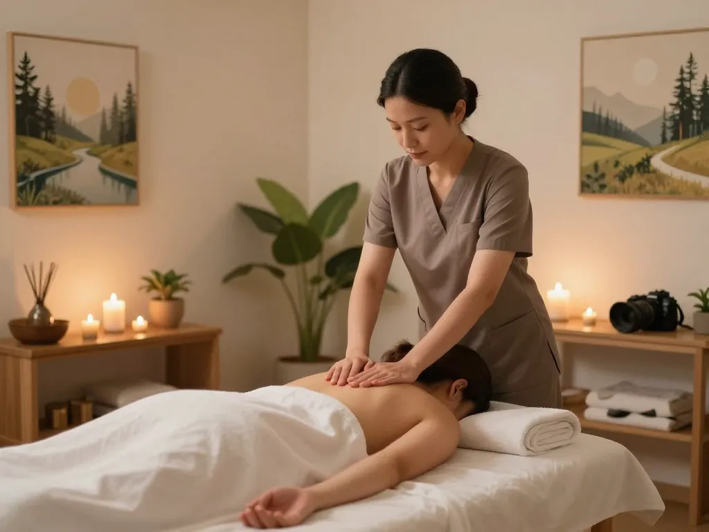 Relaxing 1인샵 massage scene with calming elements for wellness therapy.
