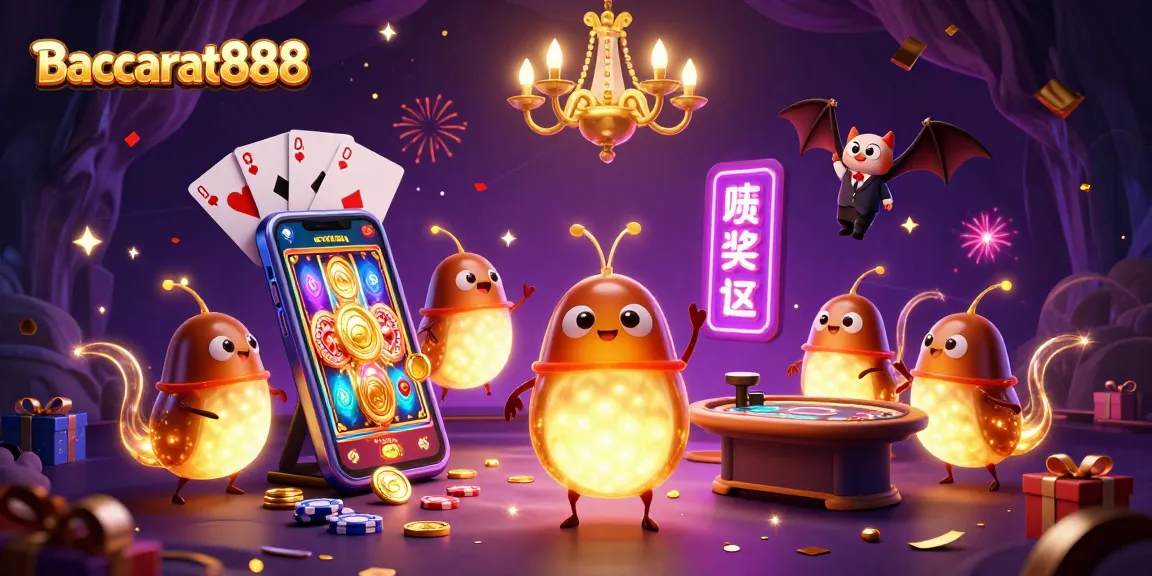 Baccarat888 illuminates the casino scene with glowworms and a bat dealer, evoking excitement.