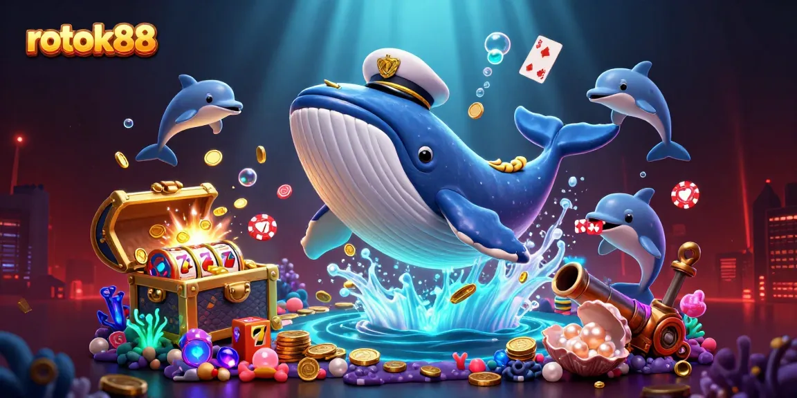 Engage with rokok88's vibrant casino adventure featuring playful whales and poker chips.
