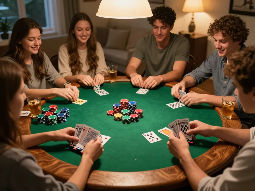 Sbobet users enjoying a lively home poker night with friends, showcasing strategic gameplay.