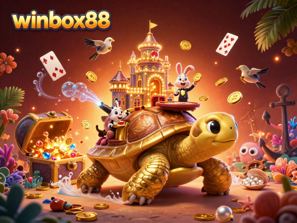 Winbox88 platform showcases 3D casino fun with a golden tortoise and a rabbit dealer amidst flying coins.