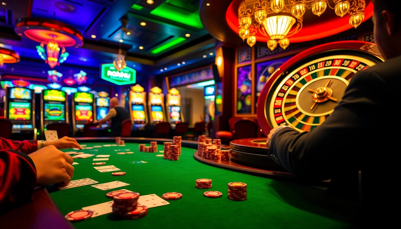 Nohu-themed vibrant casino scene featuring poker chips, cards, and roulette wheel in an elegant setting.